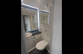 The inside of an ensuite bathroom with a visible toilet, sink, and mirror.