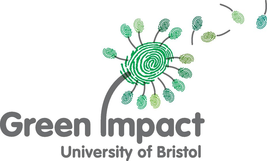Green impact University of Bristol Logo with a illustration of a dandelion with seeds blowing in the wind but the seeds are fingerprints